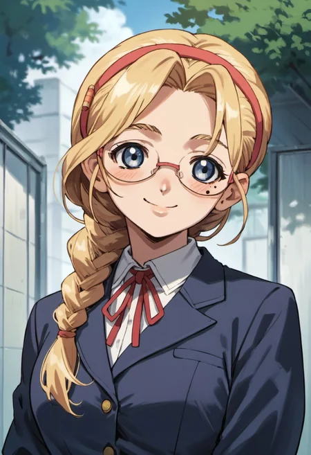 score_9, score_8_up, score_7_up, source_anime, miu furinji, blue eyes, blonde hair, long hair, 1girl, solo, glasses, mole, school uniform, mole under eye, blush, smile, hairband, braid
