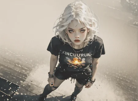 score_9, score_8_up, score_7_up, Fighting scene, shot from above, looking up against all odds, 1girl, pale skin, medium breasts, <lora:sm0k3XLP:1>, <lora:goth_clothes:1>, goth casual clothes, jewelry, black stockings, black shorts, Long white hair, young face, <lora:Our_Muted_Future_Style:1>, <lora:Nuclear_Explosion:1>, nuclear explosion in background,