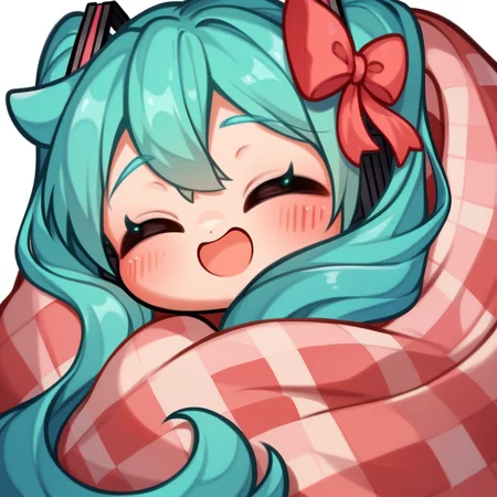 score_9, score_8_up, score_8, Emote , hatsune miku , cozy , wrapped up in blanket , eyes closed from joy , side view, 1girl , high quality, high res , highly detailed hair , highly detailed face, white background, chibi, <lora:merge2:0.85>