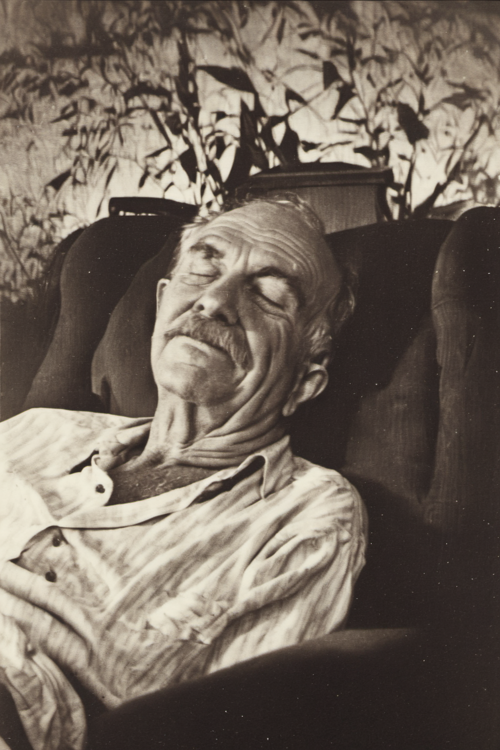 A bad low-quality snapshot of a grandpa sleeping in a chair with his chin on his chest, cluttered photo, found footage, freckles