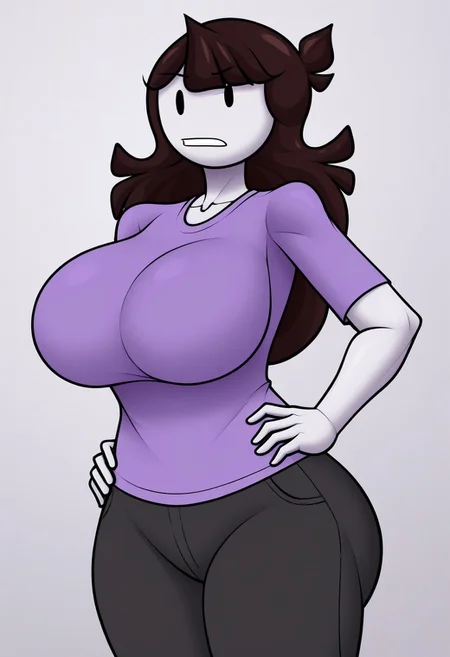 Richdraw new style, score_9,score_8_up,score_7_up, Masterpiece, Best Quality, High Quality, 4K, HD, OverallDetail, Add details, perfect_pupils, perfect_iris, perfect_drawing_eyes, solo, jaiden, purple shirt, long hair, solo, brown hair, flat color, short sleeves, white skin, grey pants, black eyes, dot Eyes, fat ass, purple shirt, Black pants, Big breast, large breast, huge breast, Disinterested look, disinterested expression