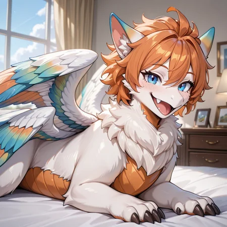 1girl, highres, absurdres, newest, masterpiece, best quality, furry, furry_female, flammie_mana, dragon, furred dragon, feathered wings, (four wings:1.5), color tipped wings, tail, claws, white fur, ((claws, short hair, orange hair:1.3)), orange underbelly, blue tipped wings, blue eyes, spread wings, (quadruped, feral:1.6), detailed eyes, (on belly, on_stomach), open_mouth, open mouth smile, luxurious detailed room, bright room, day scene, professional lighting, white bed, solo, bedroom, smiling, seductive, looking_at_viewer, masterpiece, close up, safe