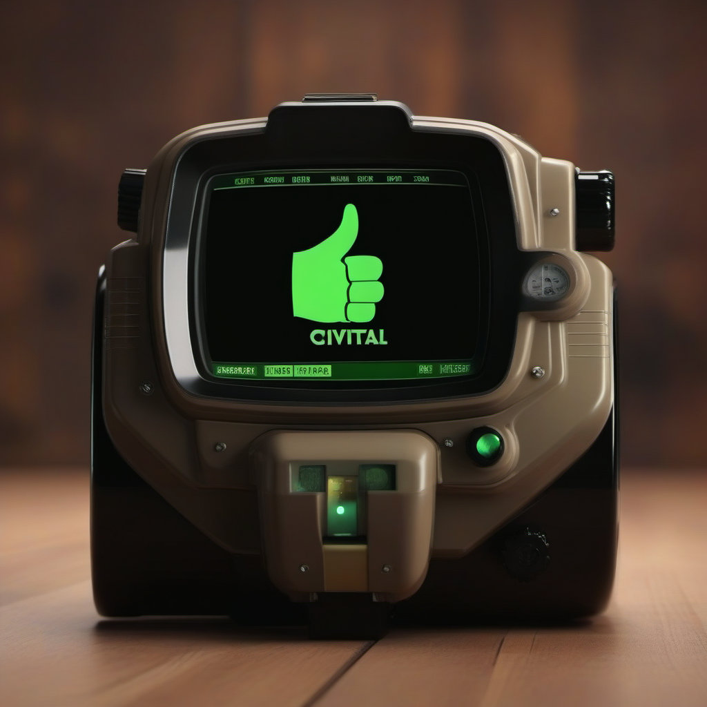 cinematic photo a wrist computer, vintage black and green display screen, a vintage cartoon character thumbs up (((text ''CIVITAI''))) <lora:PipBoy1024:0.8> . 35mm photograph, film, bokeh, professional, 4k, highly detailed