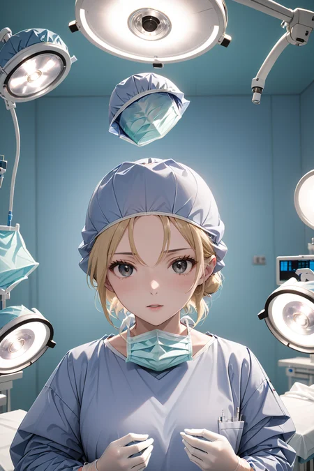 (RAW photo, best quality), 1girl, blonde, long sleeve surgical outfit, surgical gloves, surgical cap, operating room, overhead surgical light, blurred background, focused
<lora:concept_surgeon_mask_open_xl_v1:1>, surgical_mask_open, completely_undone, masterpiece, best quality,