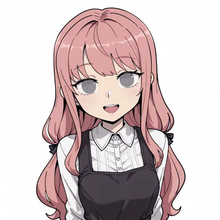 lazypos, girl focus, 1girl, solo, long hair, pink hair, dress, smile, white background, simple background, open mouth, shirt, sleeveless dress, sleeveless, looking at viewer, :d, white shirt, grey eyes, breasts, no pupils, pinafore dress, saicastlestyle, derpixonstyle