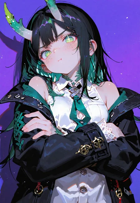 looking at viewer,above torso shot, pout, irritated, crossed hands

1 girl,petite,loose unruly messy hair,messy bangs,black hair,green accents hair,fair skin,dragon horns,green eyes, sparkling eyes,freckles

Large Black coat with green accent,coat hanging sleeves,white sleeveless buttoned shirt,green tie, exposed shoulder

Color background, bright purple background,shadow, light from front,glimmer, scales design, sparkling

Cunnystyle,748cmstyle,Smooth_Quality,dynamic pose, foreshortening, extreme perspective,masterpiece,best quality,amazing quality, aesthetic,bright colors,bold lines