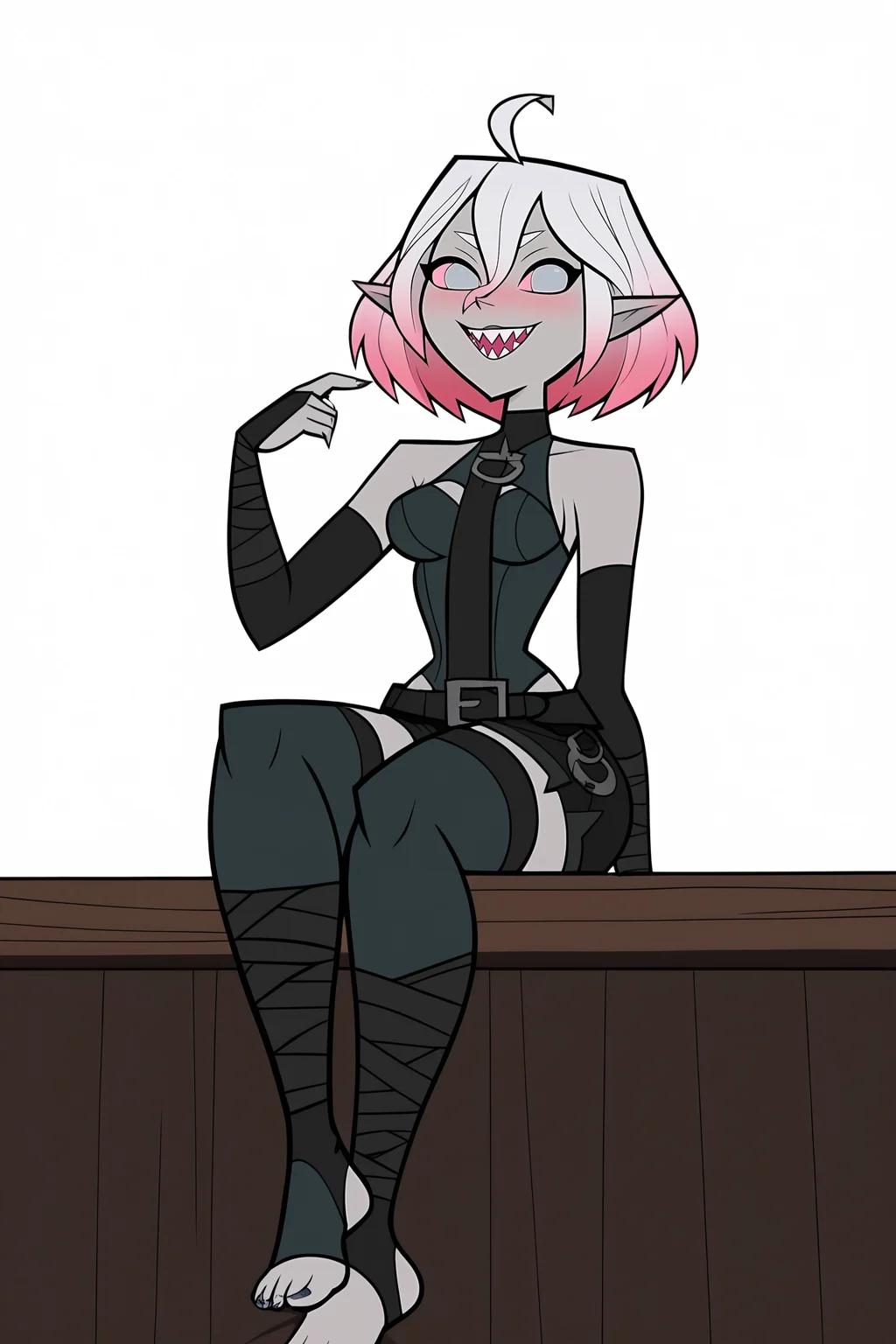 score_9, score_8_up, score_7_up, score_6_up, BREAK, BriarLoLXLv2, grey skin, colored skin, no pupils, grey eyes, pink sclera, white hair, pink hair, two-tone hair, gradient hair, short hair, hair between eyes, ahoge, pointy ears, sharp teeth, medium breasts, bare shoulders, black thight dress, detached sleeves, black bandaged sleeves, black shorts, belt, (black bandaged legwear), toeless legwear, sitting, ((bellow view)), looking at viewer, seductive smile, naughty face, nose blush, white background, simple background <lora:BriarLoLXLv2:0.8>, TotalDramaStylePXL <lora:TotalDramaStylePXL:1.2>