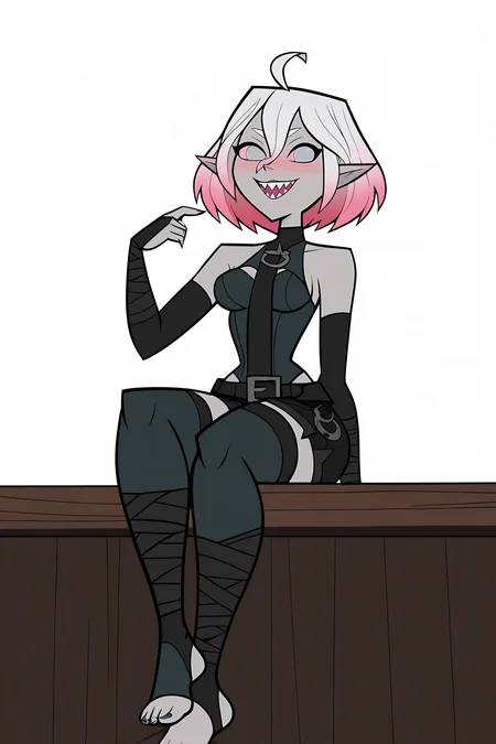 score_9, score_8_up, score_7_up, score_6_up, BREAK, BriarLoLXLv2, grey skin, colored skin, no pupils, grey eyes, pink sclera, white hair, pink hair, two-tone hair, gradient hair, short hair, hair between eyes, ahoge, pointy ears, sharp teeth, medium breasts, bare shoulders, black thight dress, detached sleeves, black bandaged sleeves, black shorts, belt, (black bandaged legwear), toeless legwear, sitting, ((bellow view)), looking at viewer, seductive smile, naughty face, nose blush, white background, simple background <lora:BriarLoLXLv2:0.8>, TotalDramaStylePXL <lora:TotalDramaStylePXL:1.2>