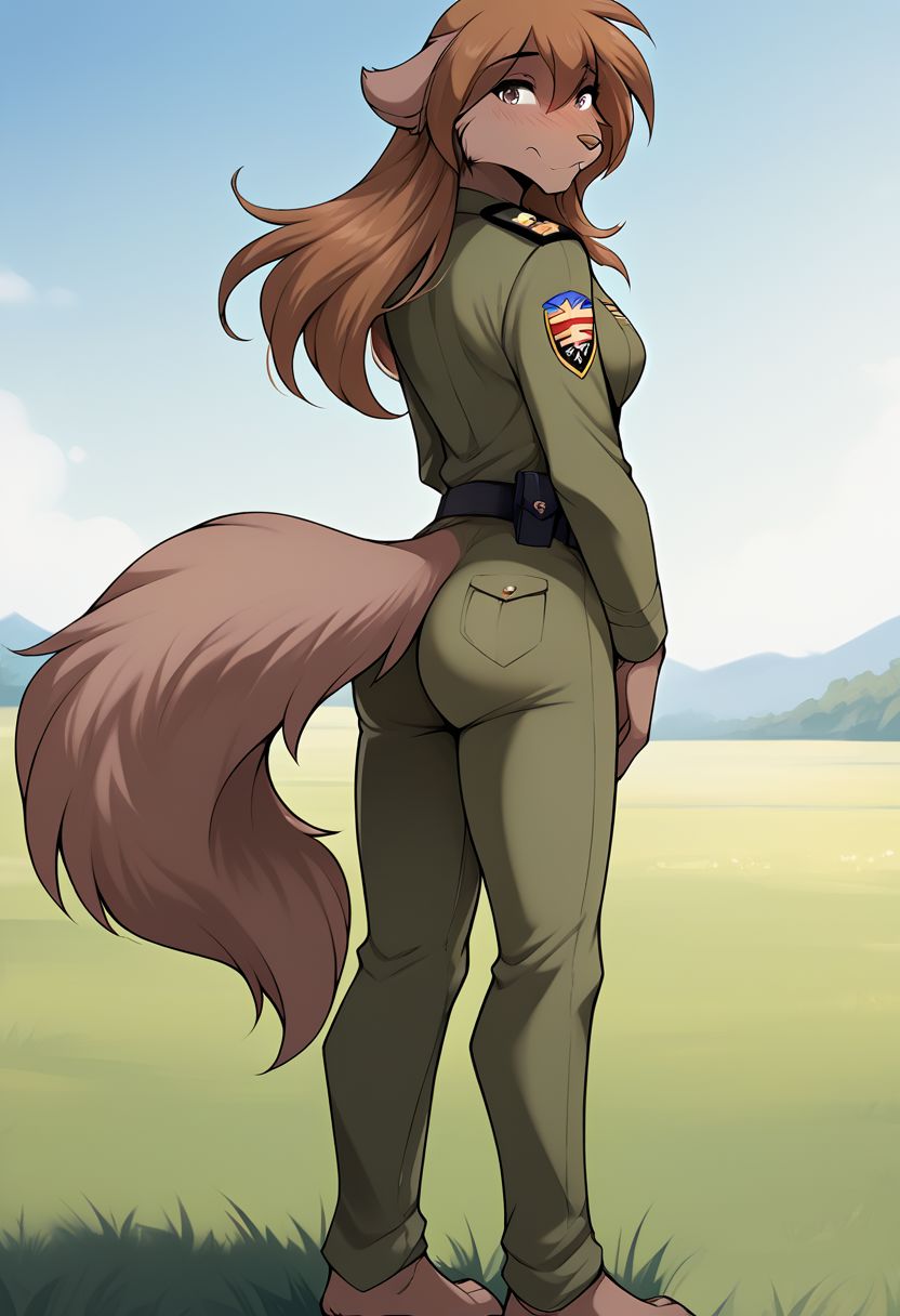 score_9, score_8_up, score_7_up, score_6_up, score_5_up, score_4_up, rating_explicit, source_furry, tknanie, brown fur, brown hair, mammal, brown eyes, anthro, 1girl, female, medium breasts, solo, solo focus, full body, standing on two legs, fluffy tail, dressed in army uniform, sexy ass in pants, blush, long hair, in the field, shy expression, field, detailed backgroud, back side, ass view