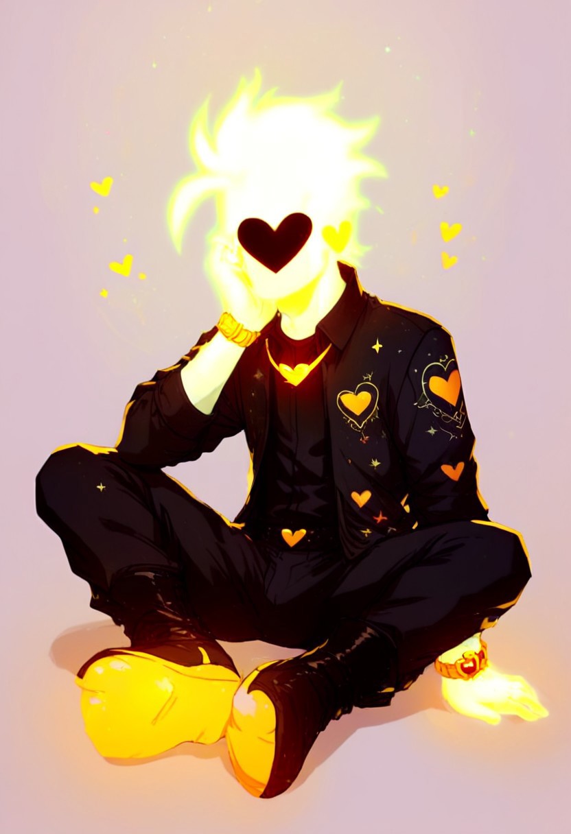 score_9, score_8_up, score_7_up, score_6_up, score_5_up, score_4_up, rating safe, Novakin, 1man, tall, slender, solo, heart symbol on face, faceless, no eyes, no mouth, no nose, no facial features, glowing, white fiery hair, body made of plasma, white plasma, white skin, fancy black boots, black suit with white stripes, black pants with white stripes, sitting, relaxing, one hand behind neck, full body, golden heart necklace, gold wristwatch, silver rings, detailed background, mushg4l, colourful, trippy, night background, c0l0urgl0w