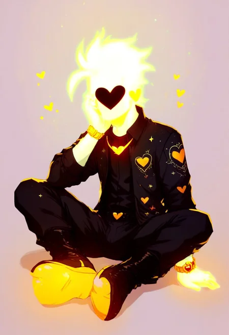 score_9, score_8_up, score_7_up, score_6_up, score_5_up, score_4_up, rating safe, Novakin, 1man, tall, slender, solo, heart symbol on face, faceless, no eyes, no mouth, no nose, no facial features, glowing, white fiery hair, body made of plasma, white plasma, white skin, fancy black boots, black suit with white stripes, black pants with white stripes, sitting, relaxing, one hand behind neck, full body, golden heart necklace, gold wristwatch, silver rings, detailed background, mushg4l, colourful, trippy, night background, c0l0urgl0w