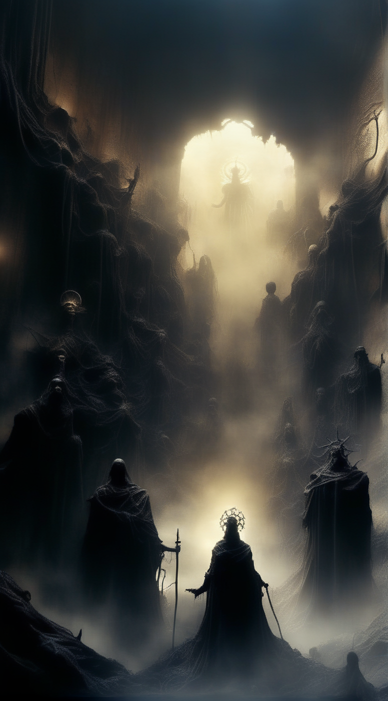 abysues god of darkness in a post-apocalyptic kingdom surrounded by shadow people, expressiv light, cinematic, enigmatic <lora:abysues:1>