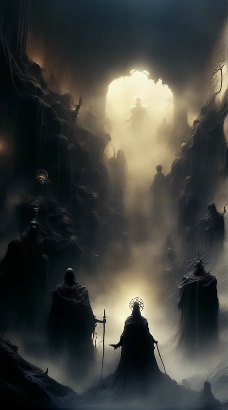 abysues god of darkness in a post-apocalyptic kingdom surrounded by shadow people, expressiv light, cinematic, enigmatic <lora:abysues:1>