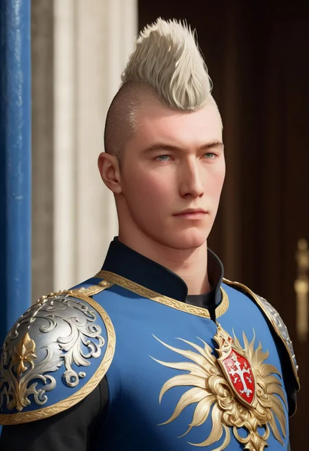 pen and ink, illustration, vibrant, beautiful, painterly, detailed, textural, artistic, concept art, masterpiece, <lora:add-detail-xl:1>, great lighting, BREAK, detailed face, watercolour painting of a palace guard, 25 year old, blonde hair, white skin, halberd, in elaborate shining ornate ceremonial armor, silver and gold, red and blue, coat of arms depicting a silver tower on azure field, medieval, fantasy, blue and white, in front of palace door