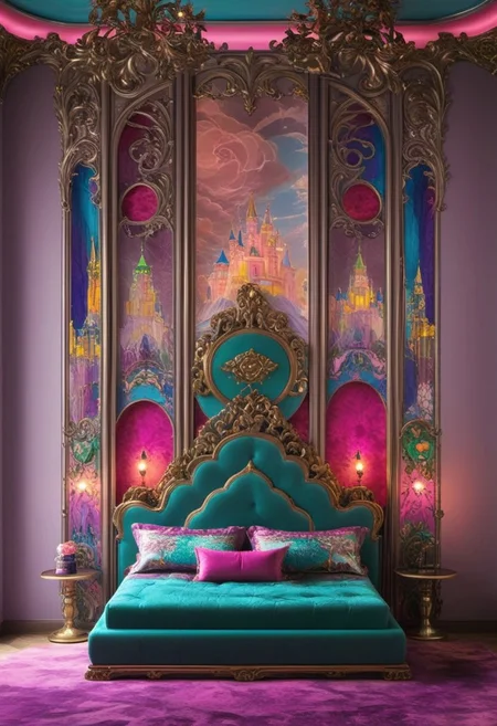 Light mood masterpiece photography, realistic, realistic photograph, inside bedroom, gaudy, Lisa Frank inspired, Lisa Frank colors, fancy headboard, neon orange wooden bedframe, maximalism, green and blue and pink, purple, in bedroom, soft rug, neon rug, bedroom like bedroom from Howl's Moving Castle, vanity, beanbags, framed pictures of castles on wall, stained glass windows, chandelier, crystal chandelier, bunk bed, castle bunk bed, castle bunk bed with stairs going up to top bunk