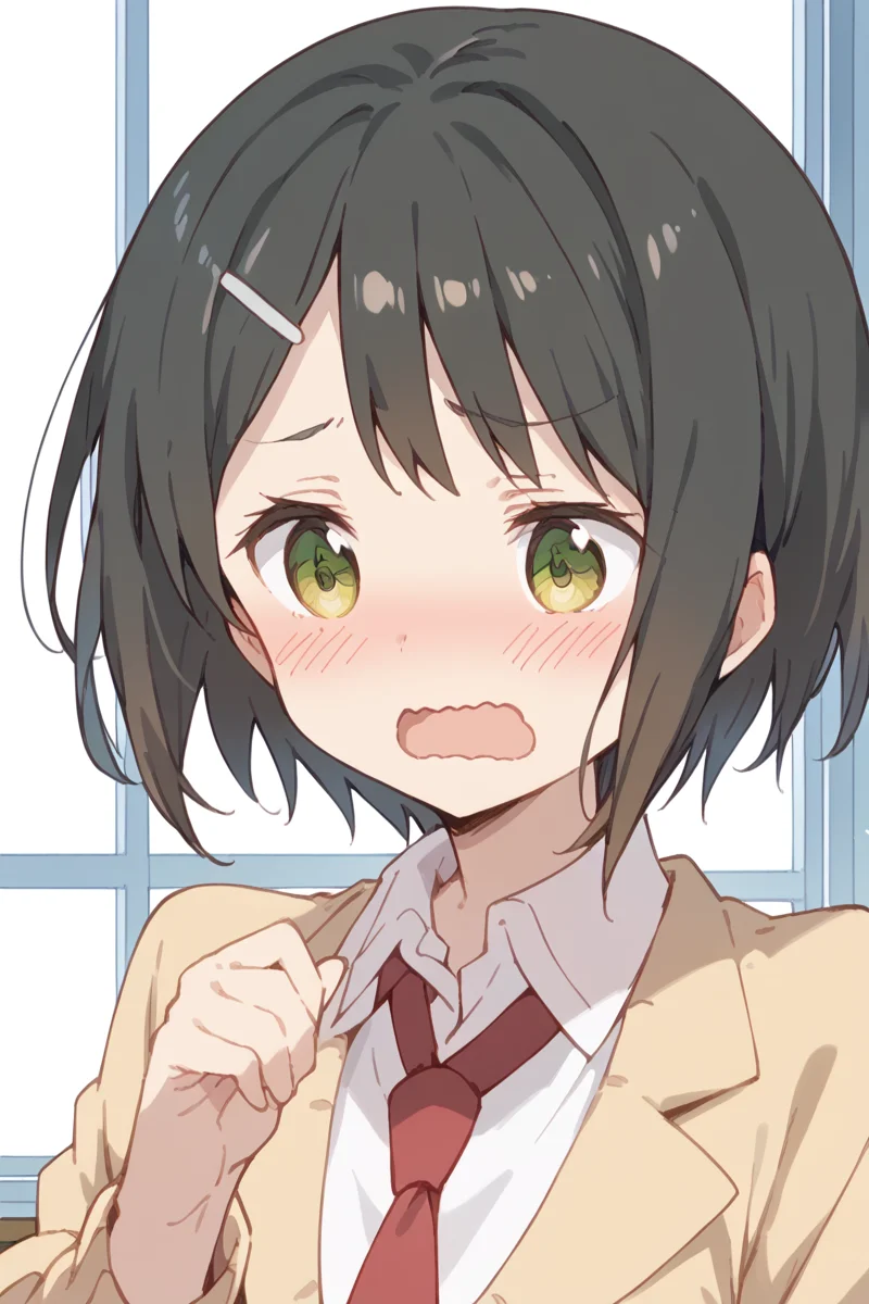 score_9, score_8_up, score_7_up, score_6_up,
<lora:Kaede_Ikeno:1> kaede, 1girl, blush, solo, hair ornament, necktie, hairclip, short hair, school uniform, open mouth, black hair, wavy mouth
