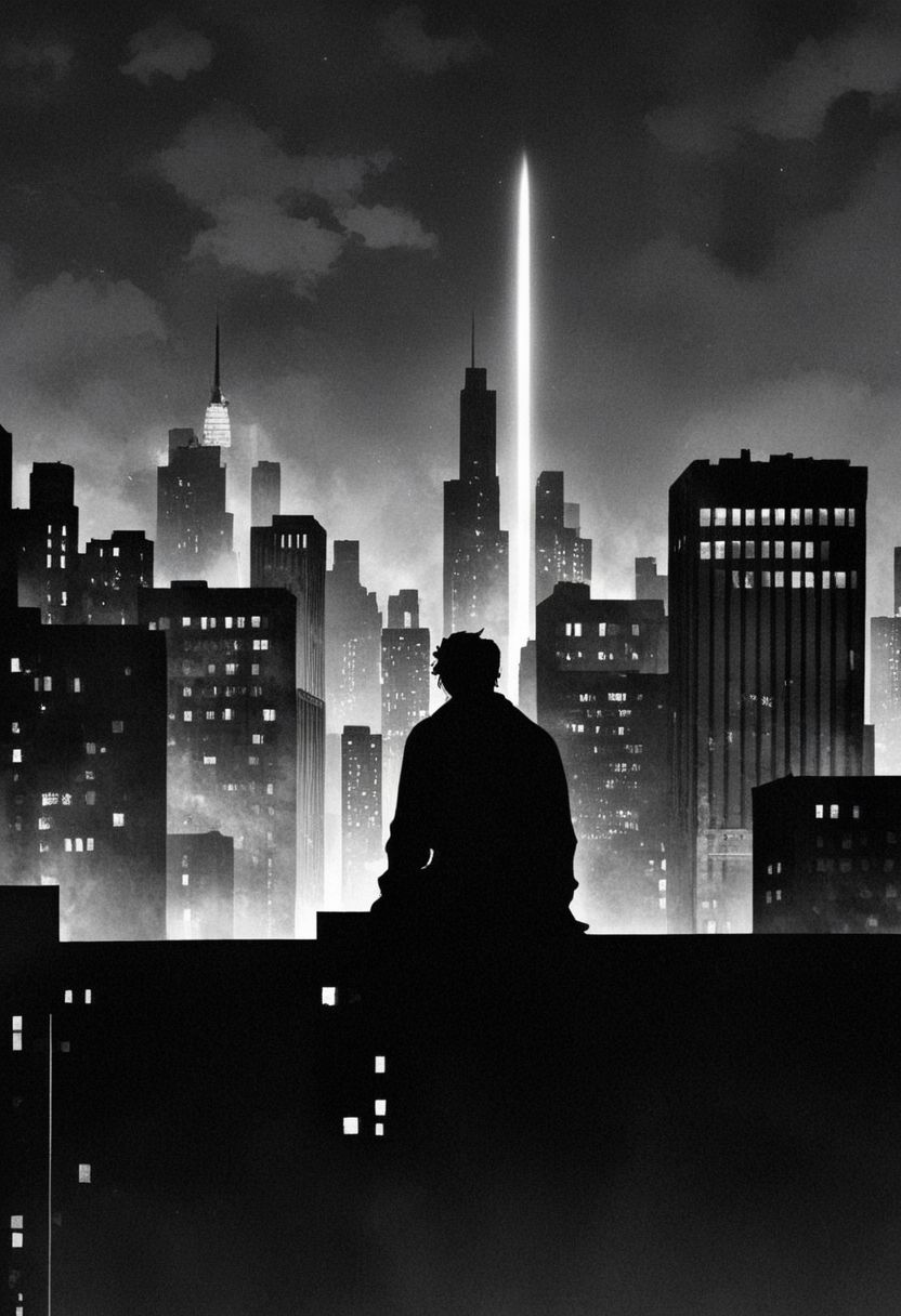 (best quality, masterpiece, colorful, dynamic angle, highest detailed)  
 Superman sitting on the roof looking at the city New York, feel the daggers in the dark, depression, alone, monochrome, pop of colors, extremely detailed, paranoid, mood, you make me feel fucking sad
