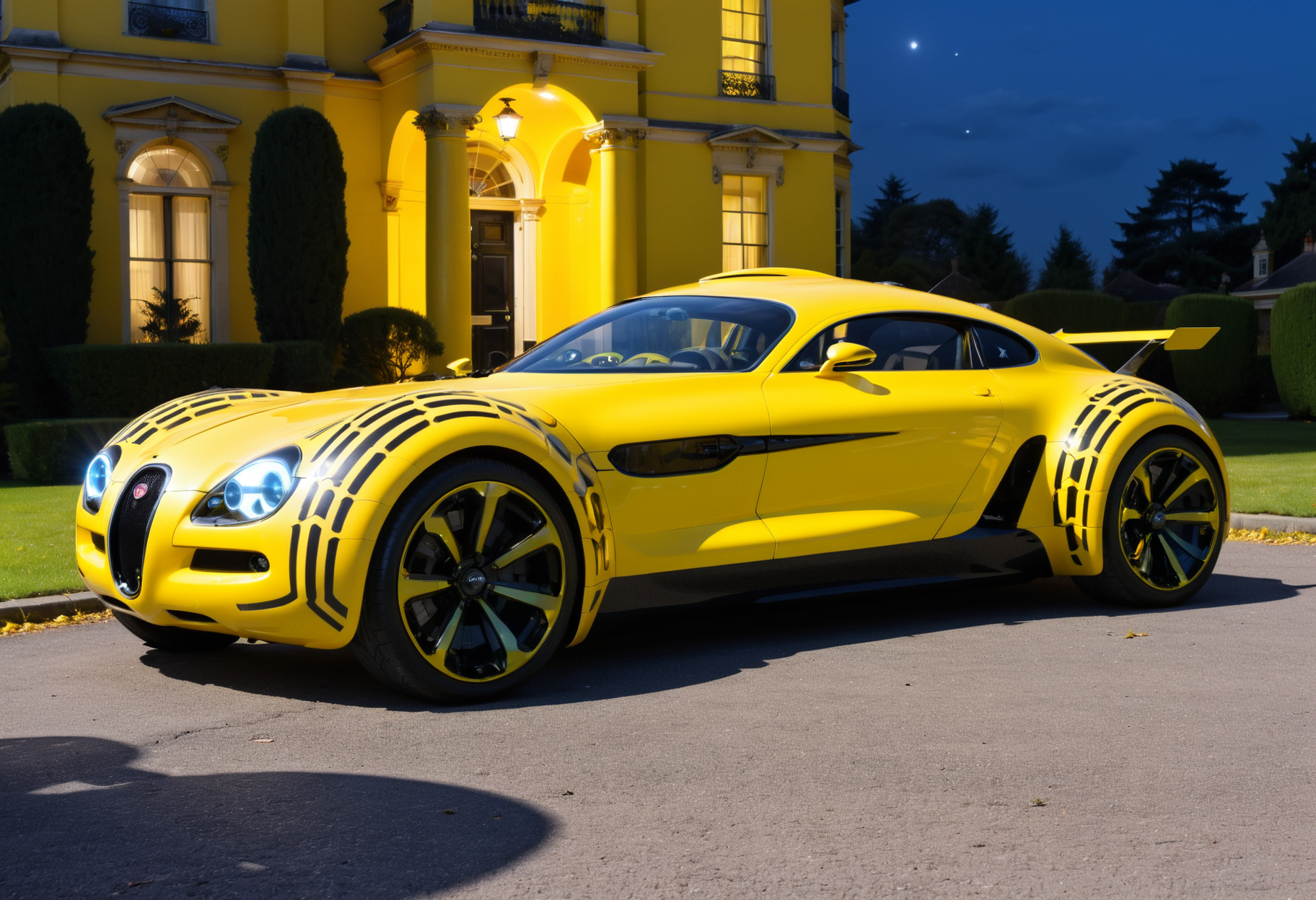 lgcrs,a futuristic car,with aggressive color pattern,yellow,black,parked before a victorian villa at night,with headlights on, wasp like
<lora:Retro_Cars-000011:0.7>,