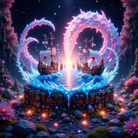 bo-exposure, pinketherealmj, a crystal ball showing A beautiful magical ocean inside, with a fleet of fantasy style mini viking ships. The crystal ball is floating inside a colorful cosmic storm on space, magical glow, internal glow, magic, fantasy, glowing, colorful,