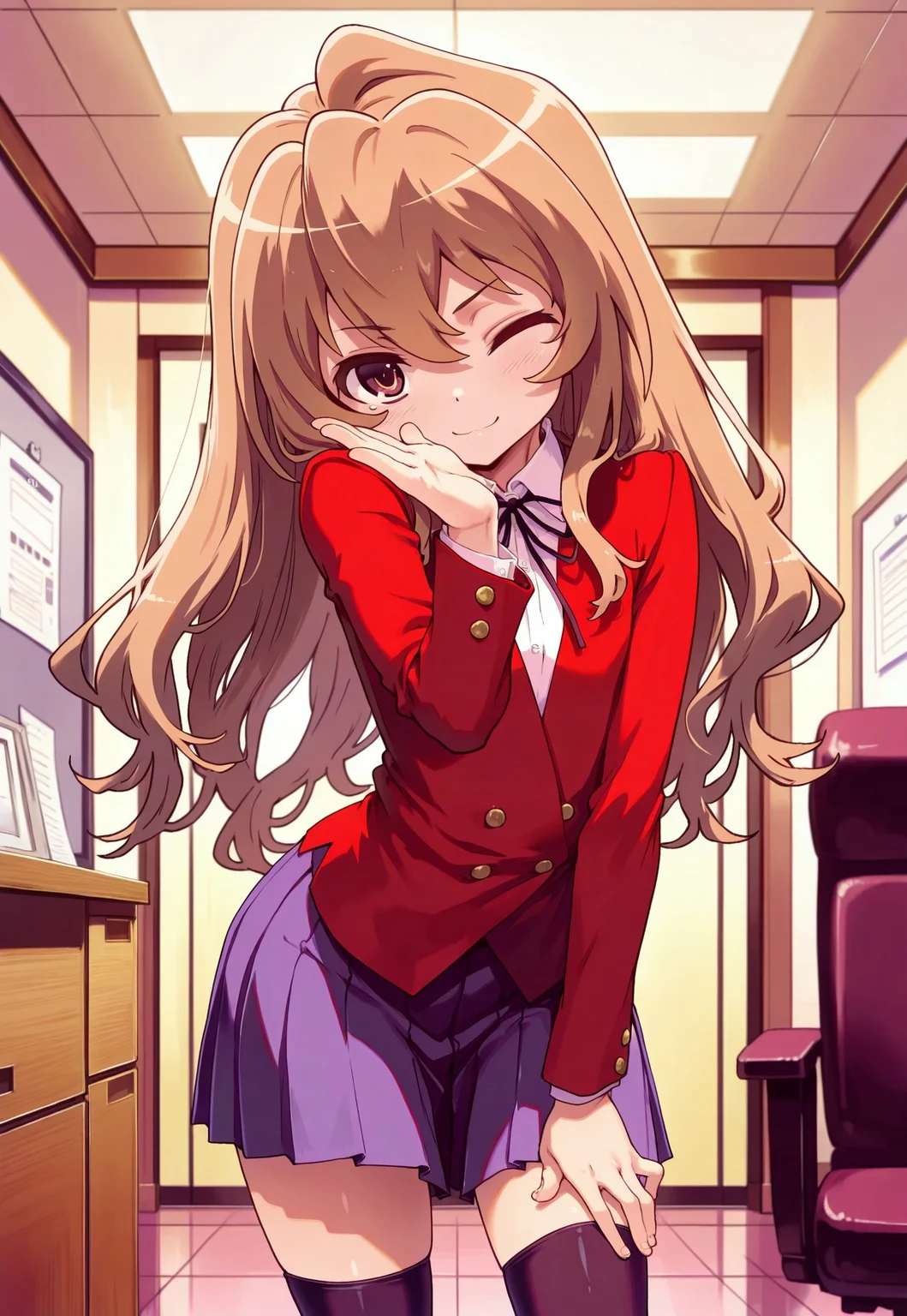 masterpiece,best quality,amazing quality, absurd 1girl solo, aisaka taiga, 1girl, solo,brown hair,long hair,flat chest, oohashi high school uniform, red jacket, black thighhighs ,pleated skirt, smile, one eye closed, ya hand pose, cowboy shot, light blush, indoor, office, 