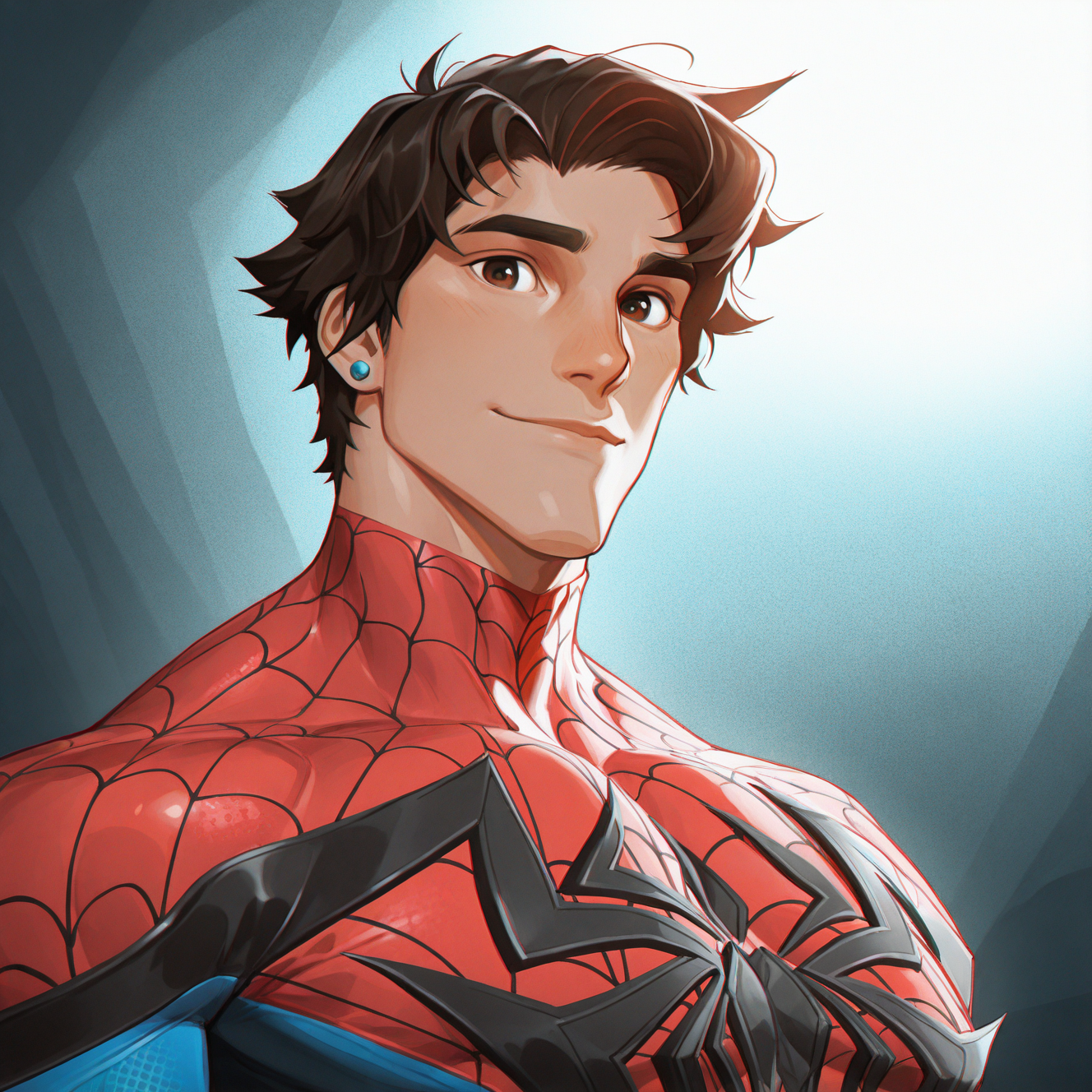 <lora:SPIDERMAN-09:1>spiderman, solo, looking at viewer, smile, short hair, brown hair, black hair, 1boy, closed mouth, jewelry, brown eyes, upper body, male focus, earrings, dark skin, bodysuit, thick eyebrows, dark-skinned male, sunlight, portrait, light, superhero, red bodysuit, blue bodysuit, two-tone bodysuit, cheekbones, black eyes, spider web print, dynamic perspective, detailed background, motion blur, film grain, abstract, natural lighting, fantasy, cinematic, dynamic view, tilted angle, very awa, masterpiece, best quality, absurdres, newest, perfect quality, detailed background, intricate details, (artist:fl \(l-fl\):0.7), (artist:tooboshoo:0.7), (artist:dizdoodz:0.8)