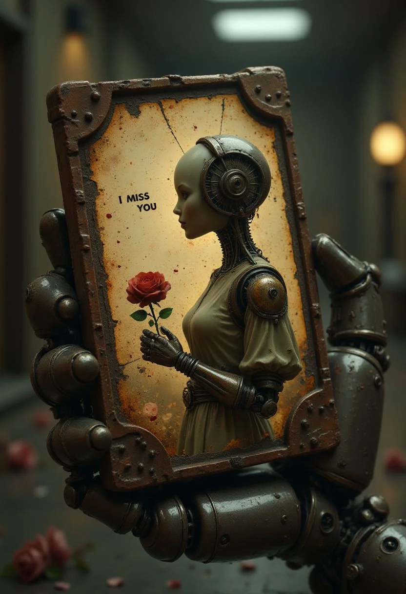One robotic hand square rubber matte plastic fingers, with visible cybernetic joints, carefully holding a vintage, eroded photography . The aged photo features a steampunk cyborg bald ((female faceless mannequin)), elegantly posed in a bygone era, with intricate brass and copper accents, exposed gears, and delicate engravings running along its mechanical limbs, holding a rose. The futuristic modern cyber text "I MISS YOU" is subtly printed across the faded image, its rough pixels blending into the worn, weathered surface of the photo. - The spaceship background is dimly lit and out of focus, emphasizing the photograph as the central focal points. - The photo’s edges are frayed and discolored, showing signs of time, while faint creases and scratches add realism. - A soft, nostalgic glow highlights the metallic sheen of the fingers, creating a contrast between the futuristic robotic form and the aged memory they hold. - A poignant blend of technology and longing, capturing the emotional weight of a lost past. - Hyper-detailed textures on the eroded photograph and mechanical fingers enhance realism. - Cinematic lighting and subtle depth of field add drama, reinforcing the theme of memory and nostalgia. <lora:Hand v2:1> <lora:aidmaLOVEboost:1>