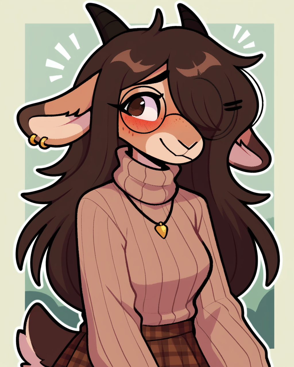 score_9_up, score_8_up, score_7_up, score_6_up, by remanedur, half length portrait, furry, blush, female, furry female, round glasses, turtleneck, turtleneck sweater, sleeves past fingers, sleeves past wrists, goat, horns, hairclip, brown hair, freckles, medium breasts, necklace, brown eyes, hair over one eye, ear piercing, plaid skirt, leg warmers, female, ring, long hair, tail, solo, smile, happy, three-quarter view, head tilt, tail, simple background, white outline, <lora:Leah_Pines(AIM)_XL_v1:0.15> <lora:PDXL_artist_tags_v2_big:0.5> <lora:The-Minuscule-Task_PDXL_v1.0:0.6>  <lora:Kiko_Jayrnski:0.7>