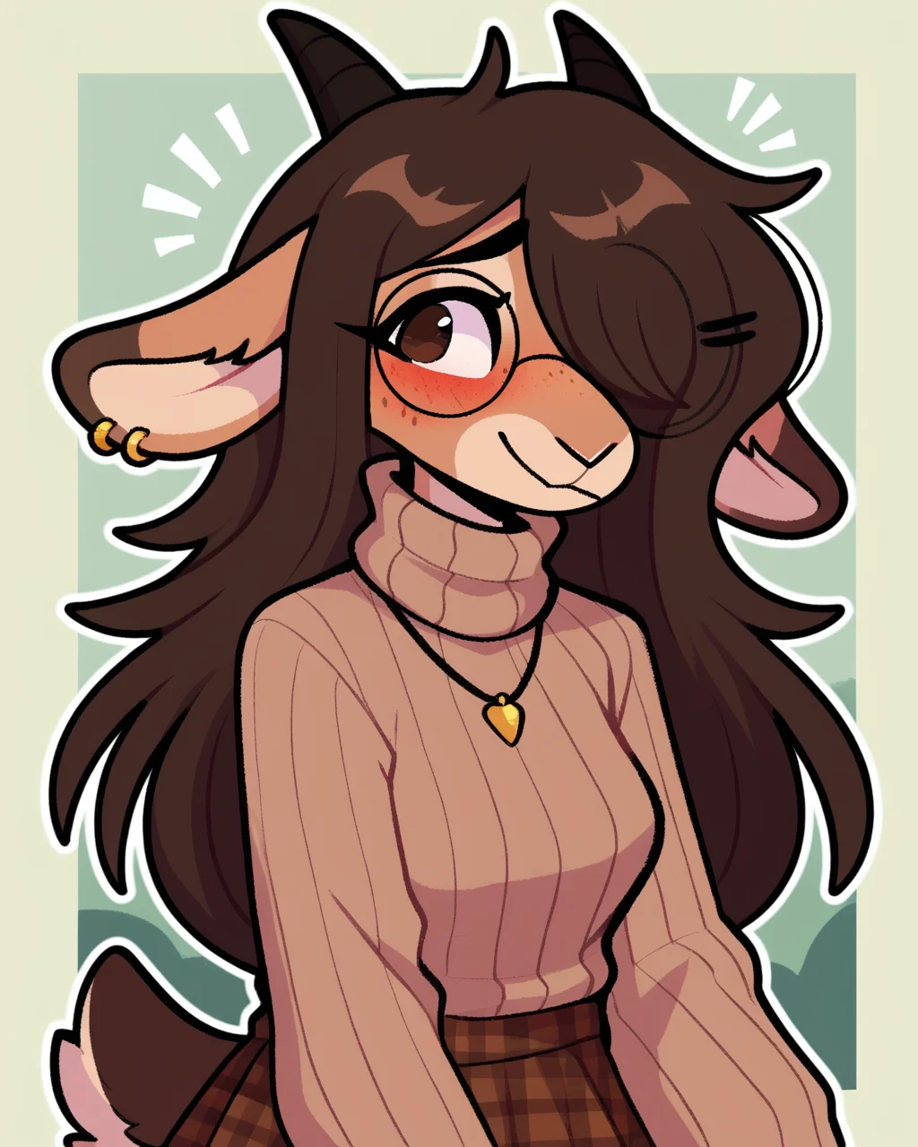 score_9_up, score_8_up, score_7_up, score_6_up, by remanedur, half length portrait, furry, blush, female, furry female, round glasses, turtleneck, turtleneck sweater, sleeves past fingers, sleeves past wrists, goat, horns, hairclip, brown hair, freckles, medium breasts, necklace, brown eyes, hair over one eye, ear piercing, plaid skirt, leg warmers, female, ring, long hair, tail, solo, smile, happy, three-quarter view, head tilt, tail, simple background, white outline, <lora:Leah_Pines(AIM)_XL_v1:0.15> <lora:PDXL_artist_tags_v2_big:0.5> <lora:The-Minuscule-Task_PDXL_v1.0:0.6>  <lora:Kiko_Jayrnski:0.7>