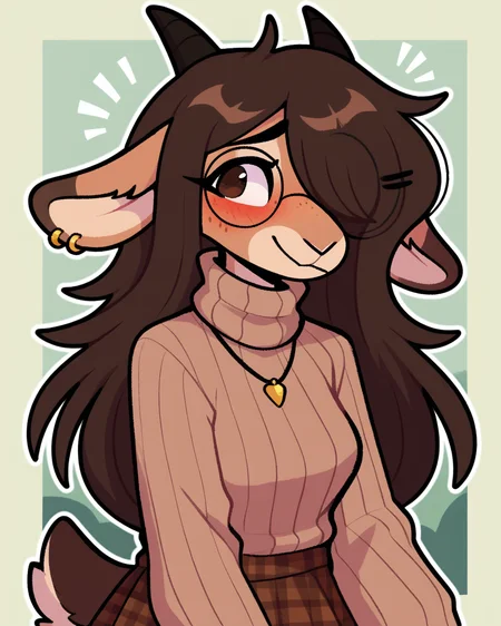 score_9_up, score_8_up, score_7_up, score_6_up, by remanedur, half length portrait, furry, blush, female, furry female, round glasses, turtleneck, turtleneck sweater, sleeves past fingers, sleeves past wrists, goat, horns, hairclip, brown hair, freckles, medium breasts, necklace, brown eyes, hair over one eye, ear piercing, plaid skirt, leg warmers, female, ring, long hair, tail, solo, smile, happy, three-quarter view, head tilt, tail, simple background, white outline, <lora:Leah_Pines(AIM)_XL_v1:0.15> <lora:PDXL_artist_tags_v2_big:0.5> <lora:The-Minuscule-Task_PDXL_v1.0:0.6> <lora:Kiko_Jayrnski:0.7>