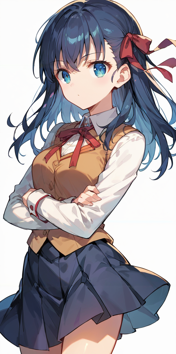 score_9, score_8_up, score_7_up,source_anime, high res image,masterpiece,best quality,(girl:1.0),cute face,clear skin,shiny hair,ultra detailed eyes,simple background,<lora:homurahara academy school uniform_pony_V1.0:0.6> homurahara academy school uniform, red ribbon, vest, skirt