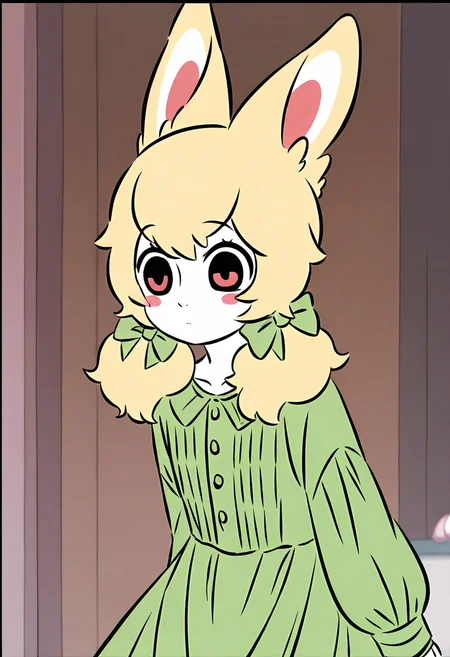 <lora:xiaoyu:1>,xiaoyu,1girl,solo,furry female,black eyes,red eyes,blonde hair,twintails,hair bow,animal ears,white skin,
green dress,dress,long sleeves,green bow,, masterpiece,best quality,amazing quality,absurdres, anime screenshot,