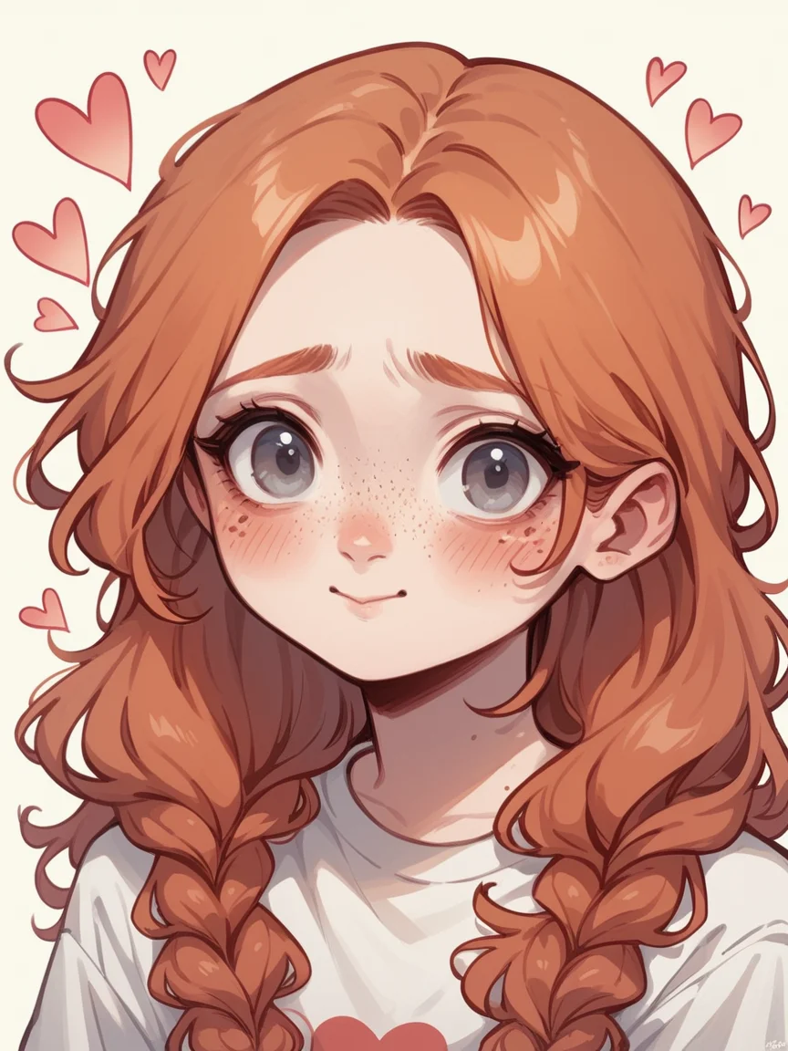 score_9, score_8_up, score_7_up, score_6_up, <lora:3m0t3XLP:1>3m0t3, ginger hair, hearts, blush, love, 1girl, freckles, grey eyes, long hair, Fr3ckles, <lora:Fr3ckledXLP:0.2> white background,