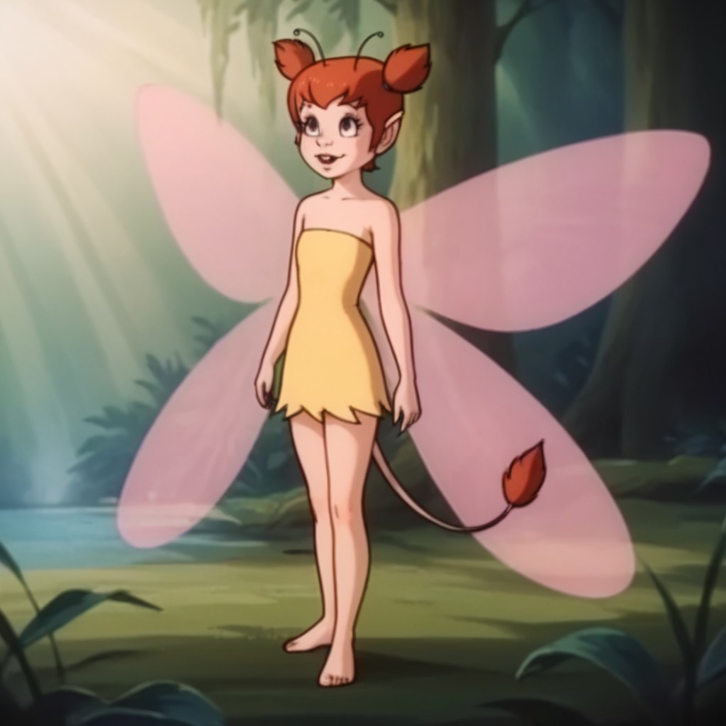 score_9, score_8_up, score_7_up, score_6_up, score_5_up, score_4_up, source_furry, lucytl, Kemonomimi, female, red hair, mouse tail, tail tuft, buck teeth, mouse ears, short twintails, fairy costume, antennae, fairy, bare shoulders, yellow dress, strapless, wings, barefoot, standing, enchanted forest