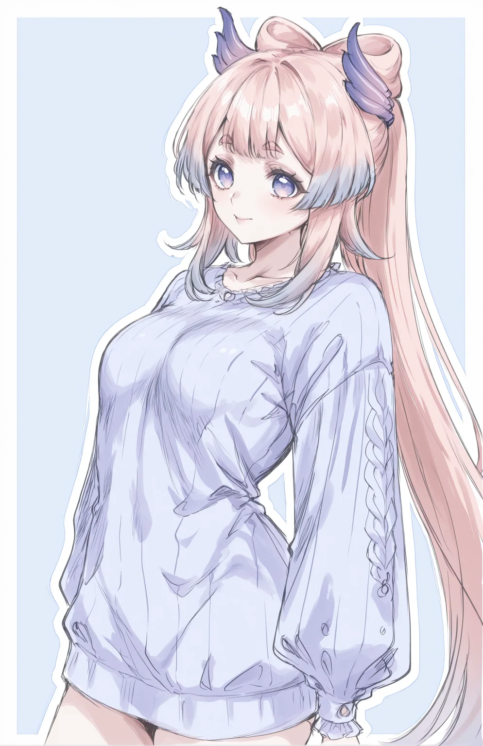 masterpiece, best quality, newest, highres, absurdres, cowboy shot,
1girl, solo, dynamic pose, sangonomiya kokomi,
<lora:heprille_artstyle_LoRA:1> hepri11e,
<lora:HerrscherAGGA2025_Ramme_ConceptLora_V1:0.8> Ramme_CL, Ramme, two-tone background, out of frame, white background, blue background, /(color)/ background, border, white background, (outline:1.1),