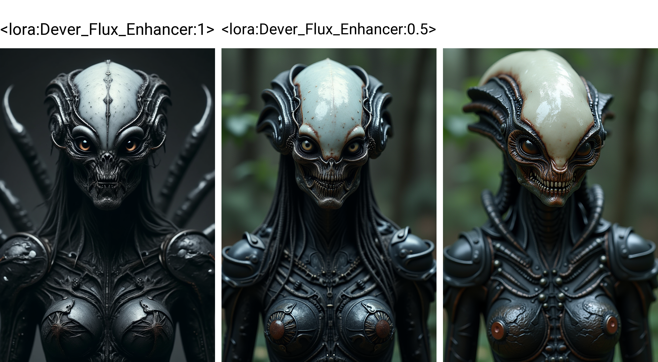 The alien xenomorph femenino with the style of Ridley Scott, with a pale and attractive skin tone, large and captivating eyes, an unusual and mysterious face, and a unique and mysterious armor made of metal and black organic material. With a camera that captures the essence of the alien world, lighting that reflects the power of nature, and pose that creates a striking and unforgettable image.. Analog photography
 <lora:Dever_Flux_Enhancer:1>