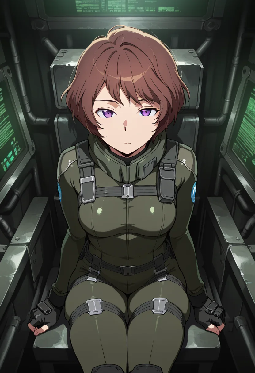 masterpiece, best quality, amazing quality, very aesthetic, absurdres, newest, illustration, perfect composition, intricate details, highres, anime coloring, 1girl, solo, rayetww, purple eyes, brown hair, short hair, aldnoahsuit, breasts, , black fingerless gloves, black combat boots, <lora:Rayet_Areash_Aldnoah_Zero_ill:1>, sitting, legs together, narrowed eyes, expressionless, looking at viewer, shiny body, shiny skin, skindentation, clear skin, shiny hair, ultra detailed eyes, depth of field, sharp, intricate details, hyperdetailed, ultra-detailed, detailed clothing folds, high contrast, dynamic light