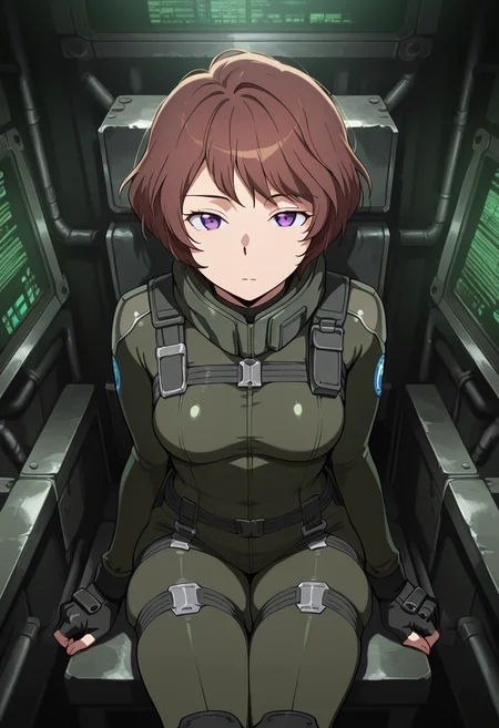 masterpiece, best quality, amazing quality, very aesthetic, absurdres, newest, illustration, perfect composition, intricate details, highres, anime coloring, 1girl, solo, rayetww, purple eyes, brown hair, short hair, aldnoahsuit, breasts, , black fingerless gloves, black combat boots, <lora:Rayet_Areash_Aldnoah_Zero_ill:1>, sitting, legs together, narrowed eyes, expressionless, looking at viewer, shiny body, shiny skin, skindentation, clear skin, shiny hair, ultra detailed eyes, depth of field, sharp, intricate details, hyperdetailed, ultra-detailed, detailed clothing folds, high contrast, dynamic light