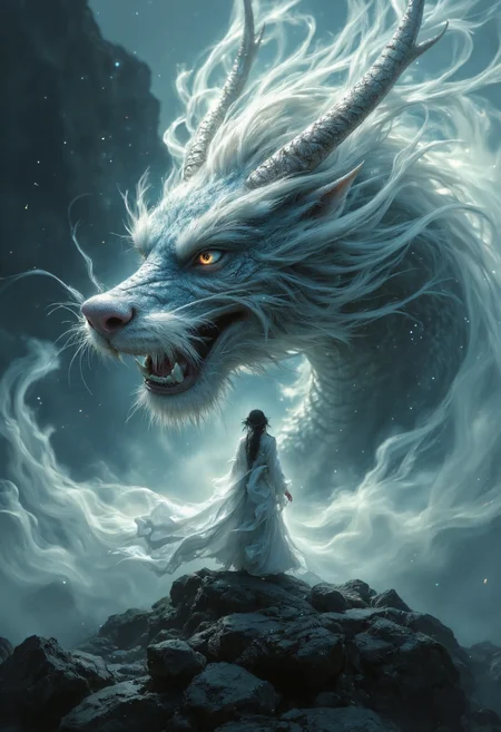 a dipiction of a female samurai, (disintegrating and dissolving into fog and smoke:1.7), (blending form with reality:1.7). A chinese dragon behind her emerging from the shadows. Framed in thick volumetric fog. diffused light, delicatly, whispering, eye catching masterpiece artwork. drifting fog, cracked light and scattering smoke in a dreamlike reality