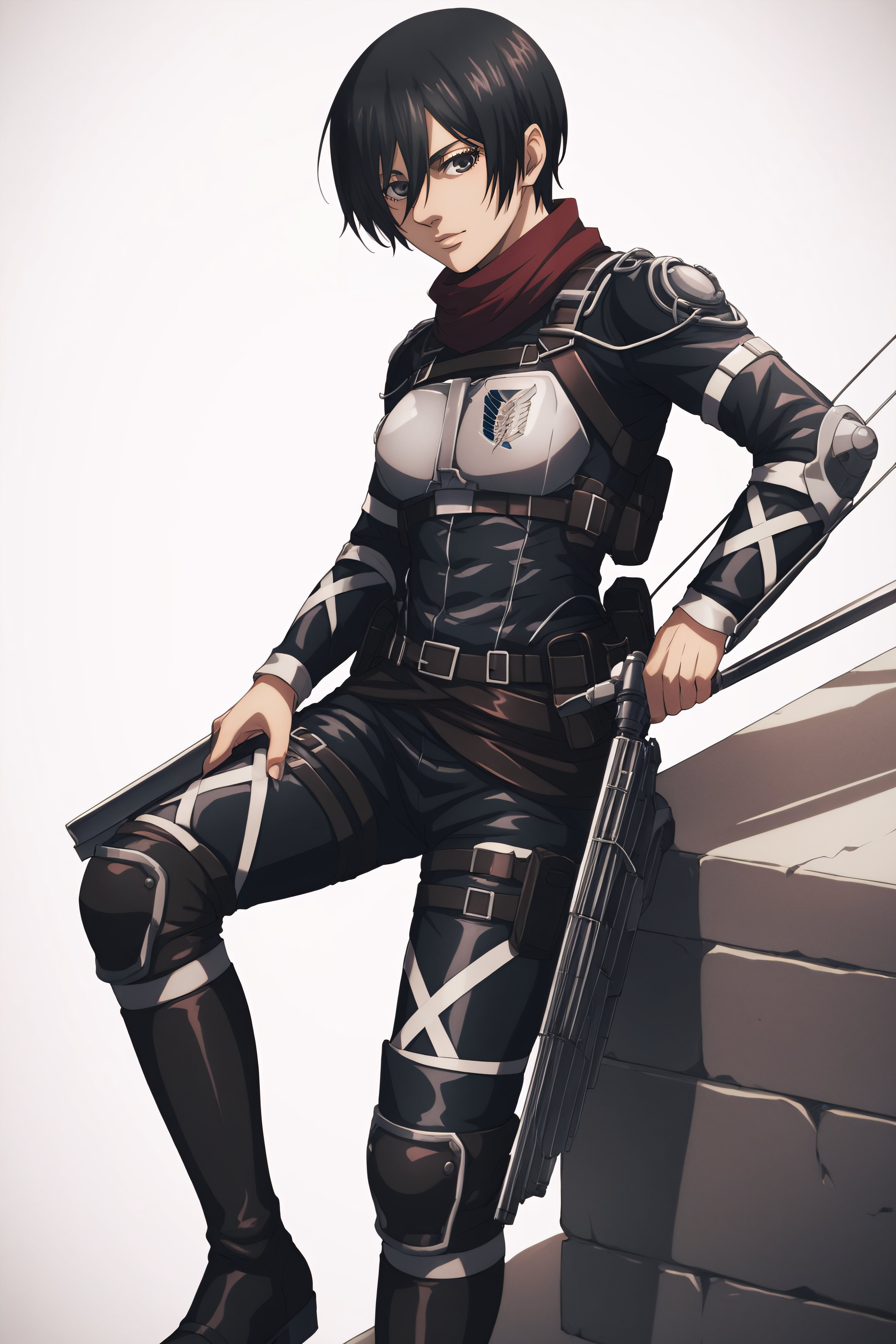 score_9, score_8_up, score_7_up, BREAK source_anime, <lora:adult mikasa ackerman-PonyXL-lora-faxtron:0.8> adult mikasa ackerman, black eyes, black hair, short hair, paradis military uniform, armor, boots,