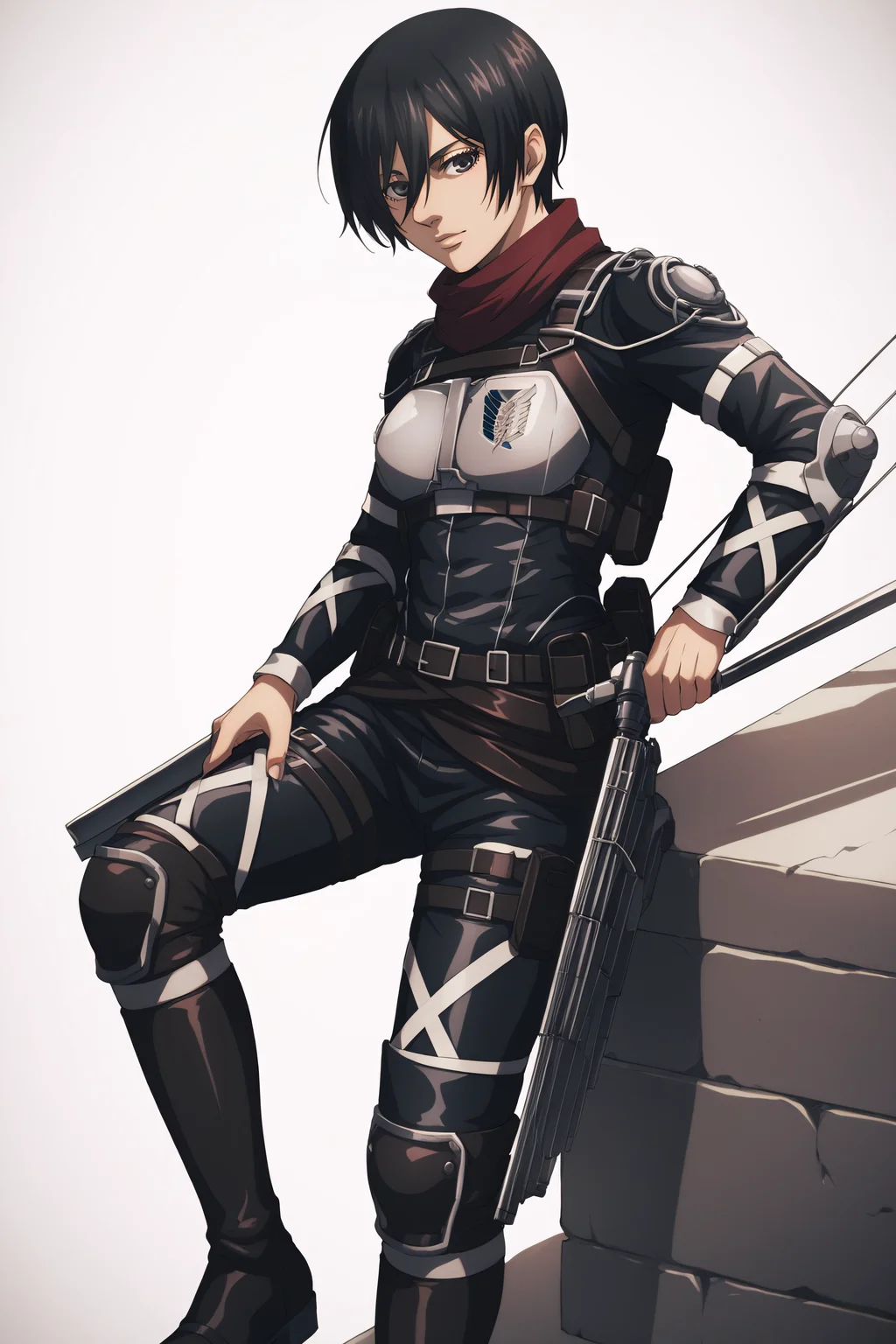 score_9, score_8_up, score_7_up, BREAK source_anime, <lora:adult mikasa ackerman-PonyXL-lora-faxtron:0.8> adult mikasa ackerman, black eyes, black hair, short hair, paradis military uniform, armor, boots,