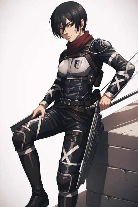 score_9, score_8_up, score_7_up, BREAK source_anime, <lora:adult mikasa ackerman-PonyXL-lora-faxtron:0.8> adult mikasa ackerman, black eyes, black hair, short hair, paradis military uniform, armor, boots,