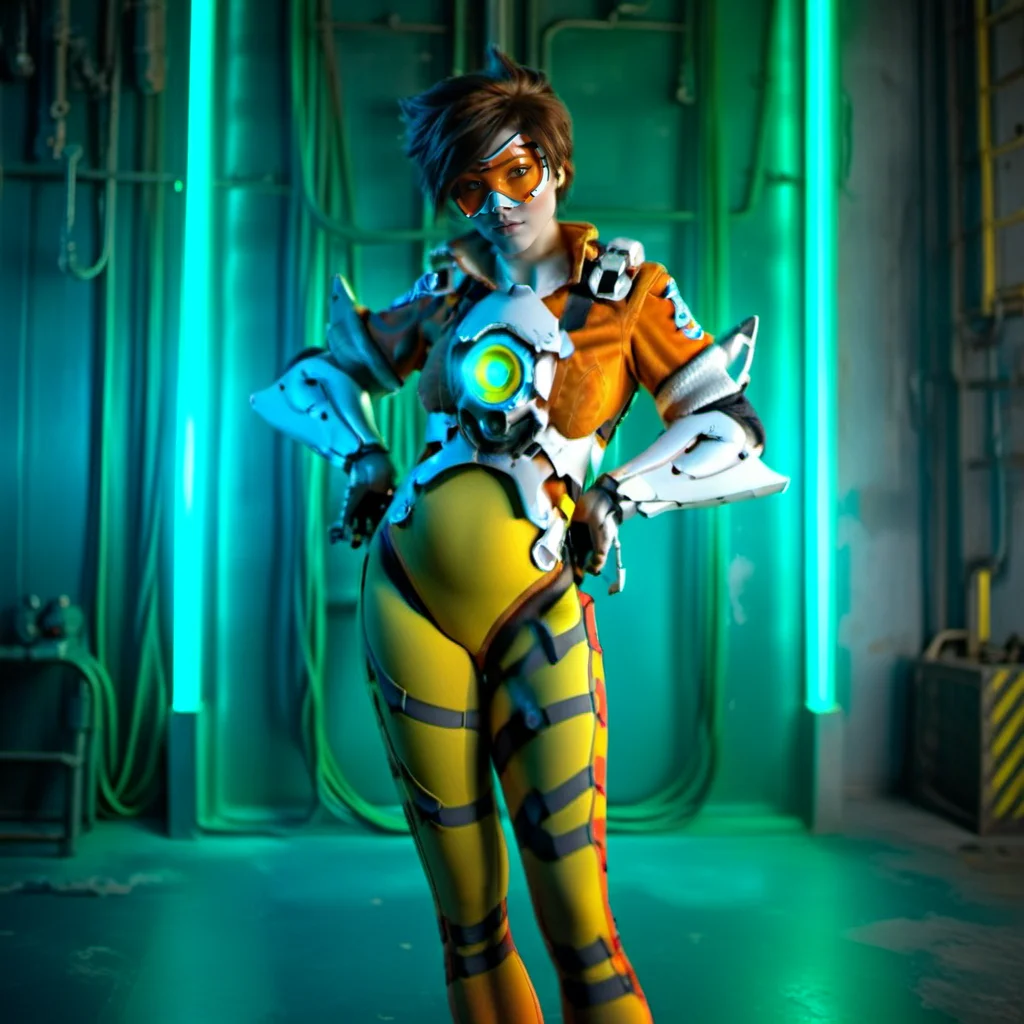 cinematic photo a woman with an orange glassmask holding guns in a futuristic cyberpunk background, neon lights <lora:Tracer1024:0.8> . 35mm photograph, film, bokeh, professional, 4k, highly detailed
