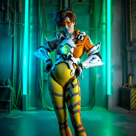 cinematic photo a woman with an orange glassmask holding guns in a futuristic cyberpunk background, neon lights <lora:Tracer1024:0.8> . 35mm photograph, film, bokeh, professional, 4k, highly detailed