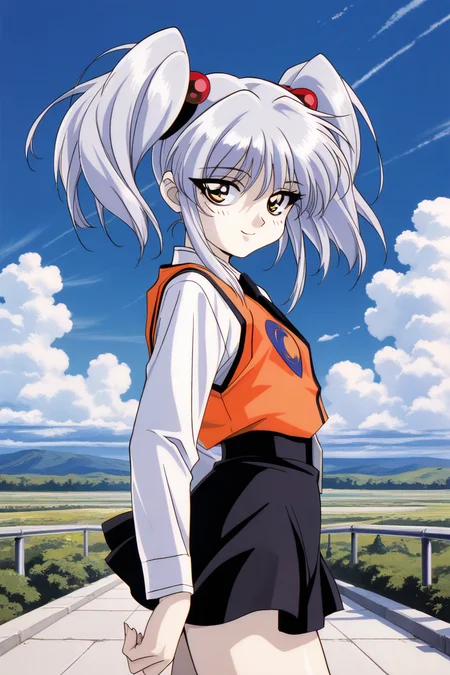 masterpiece, best quality, source_anime,official art,perfect_anatomy,1990s_\(style\),retro_artstyle, Ruri_Hoshino,silver_hair,hair_bobbles,hair_ornament,necktie,orange_vest,shirt,long_sleeves,uniform,(beautiful detailed face,looking_at_viewer,smile),cowboy shot,miniskirt,black_skirt,thighs,from side,hip,close to viewer,day,blue_sky,cloud