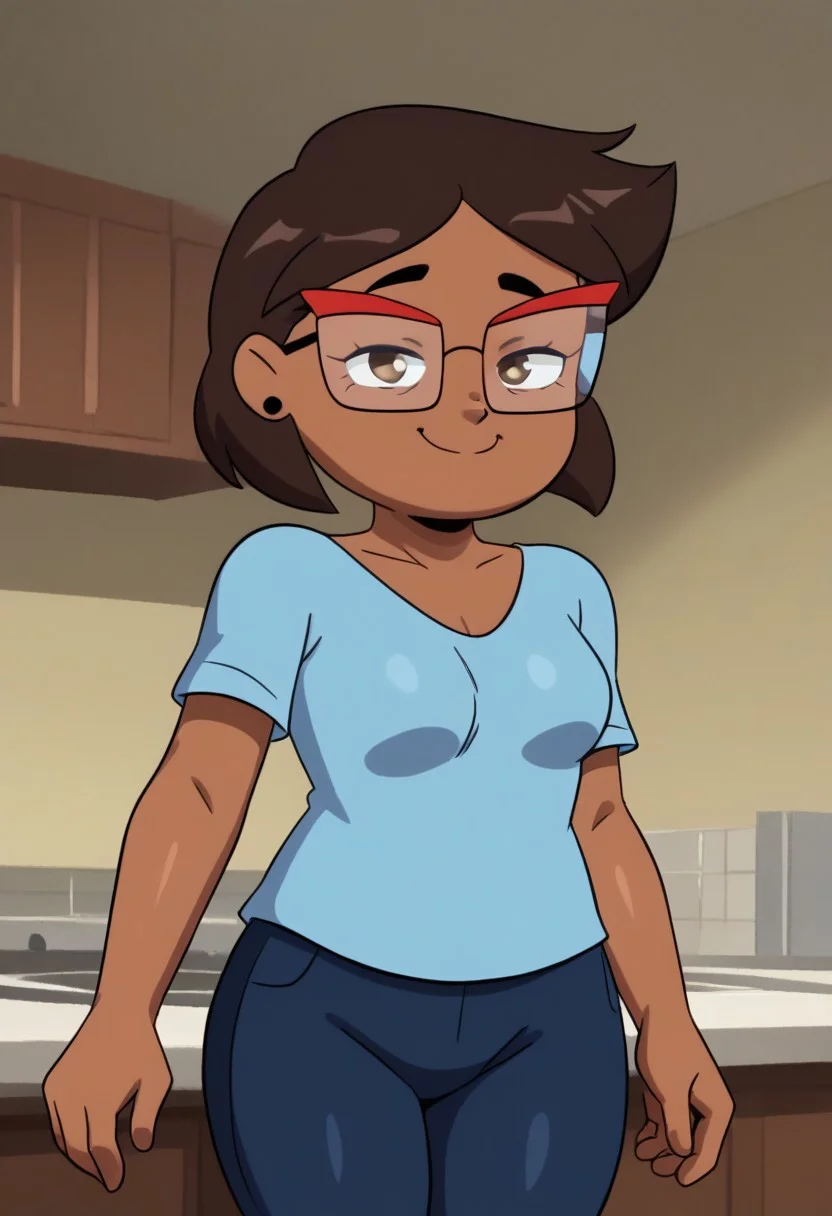 masterpiece, best quality, score_9, score_8_up, score_7_up BREAK Camila, 1girl, solo, brown hair, glasses, earrings, half closed eyes, smile, short hair, brown eyes, blue shirt, pants, indoors, standing, small breasts, saggy breasts,
<lora:CamilaPony1.0:1.0>, looking at viewer, cowboy shot, zPDXL <hypernet:bad-hands-5:1> cleavage, BREAK joao, by joaoppereiraus, teasing viewer,