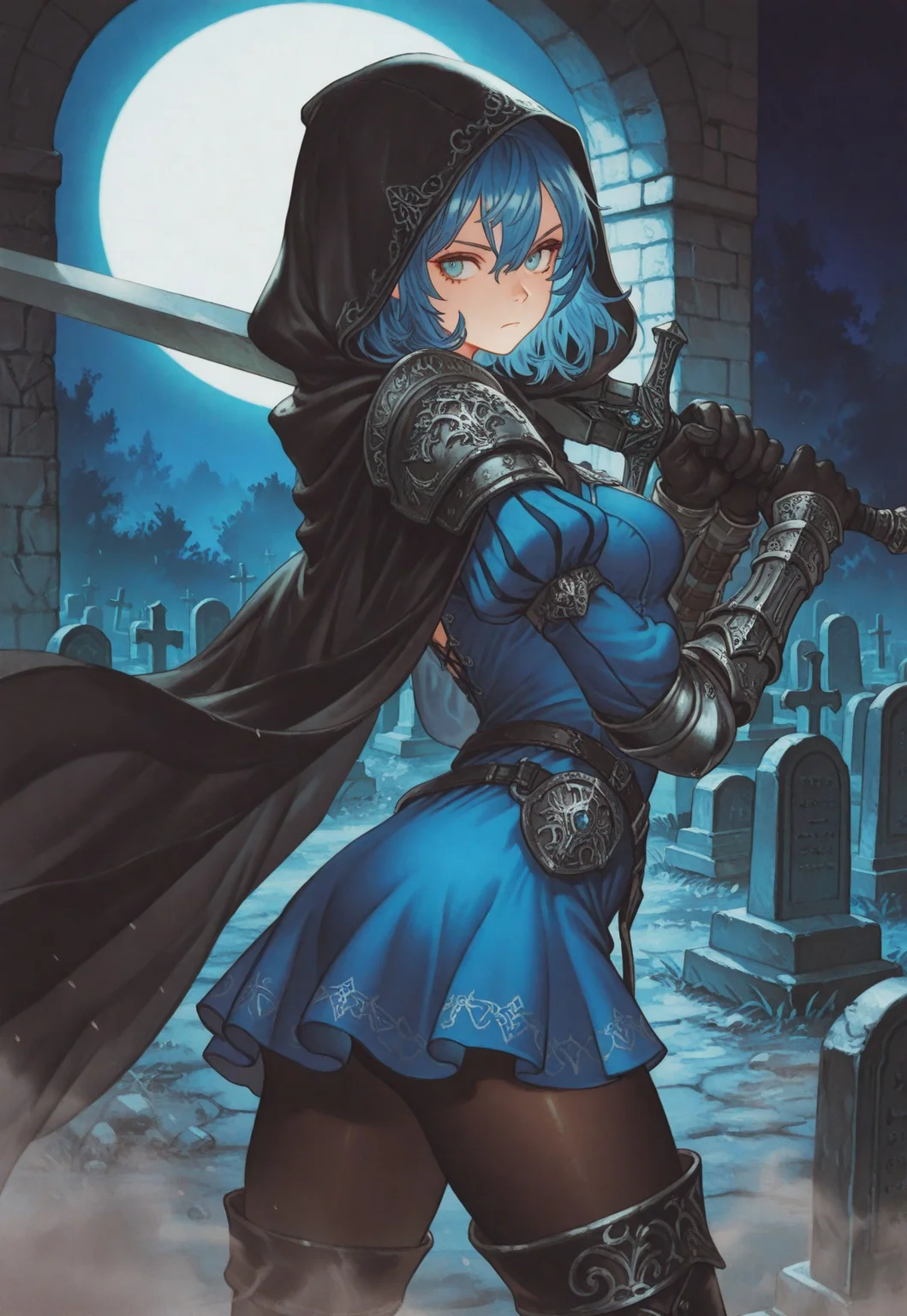 masterpiece, best quality, very aesthetic, absurdres,
cowboy shot, 1girl, solo, grave sentinel, blue eyes, blue hair, medium hair, hair between eyes, medium breasts,
hooded cloak, black cloak, hood up, pauldrons, blue dress, short dress, puff and slash sleeves, juliet sleeves, vambraces, black gloves, black pantyhose, thigh boots,
sword over shoulder, two-handed,
standing, looking back, from side, serious, fighting stance,
outdoors, night, moonlight, ornate stone wall, graveyard, mausoleum, dust,
oygilmb
rakugakingu
bdbgil