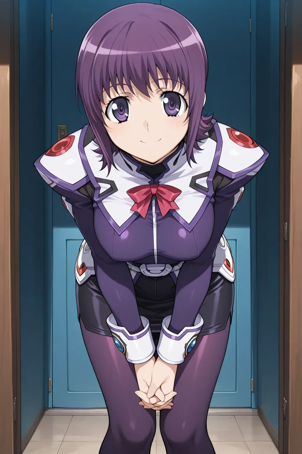 masterpiece, best quality, stellvia_machida_ayaka_ilxl, solo, 1girl, <lora:stellvia_machida_ayaka_ilxl:0.9> purple uniform, black pencil skirt, tights, looking at viewer, smile, Bowing forward, hands clasped
