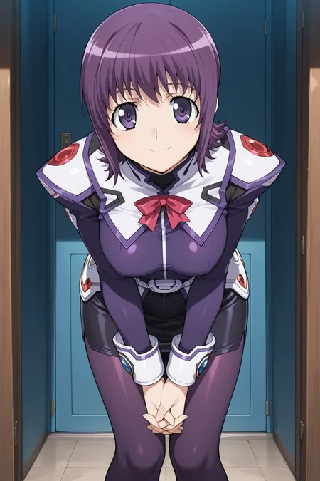 masterpiece, best quality, stellvia_machida_ayaka_ilxl, solo, 1girl, <lora:stellvia_machida_ayaka_ilxl:0.9> purple uniform, black pencil skirt, tights, looking at viewer, smile, Bowing forward, hands clasped
