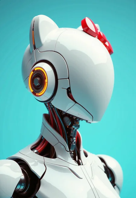 in the style of ckfa, Photorealistic portrait detailing a faceless android bizarrely incorporating the design language and iconic elements of Hello Kitty. Straight-on portrait view, head perfectly level, almost unnervingly placid. The faceless android features a helmet shaped unmistakably like Hello Kitty's head â smooth, rounded, with prominent pointed ear-like structures, constructed from segmented plates of high-gloss, perfectly white polymer. A large, glossy bright red bow is realistically integrated near the left 'ear' segment. Where the face would be, there are no features, only seamless white plating transitioning into extremely intricate detailing: subtle, glowing pink line-work suggests the placement of whiskers, and a small, bright yellow optical sensor glows softly where the nose should be. Extremely intricate mechanical neck and upper torso are visible, showcasing layered plating primarily in glossy white, accented with panels of the same bright red as the bow. Beneath the plates, exposed actuators, bundles of immaculately organized pastel-colored wiring (pinks, light blues, yellows), and complex joints fashioned from polished chrome and white ceramic are visible, creating a stark contrast between the cute aesthetic and the complex machinery. Set against a solid, bright pastel blue, softly blurred backdrop. Bright, clean, almost clinical cinematic lighting accentuates the high-gloss surfaces and the meticulously detailed mechanics. Extreme detail, hyperrealistic textures
