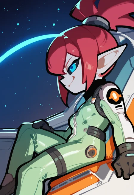 score_9, score_8_up, score_7_up,
solo, 1girl, (white skin), crimson hair, long bang ponytail, pointed ears, blue eyes, black sclera, small breasts, smirk,
pilot girl, green suit, space suit,
from below, low angle, side view, sitting on pilot's seat, console,
<lora:PungsonMoriChibi-style:1>, pungsonmorichibi, chibi,